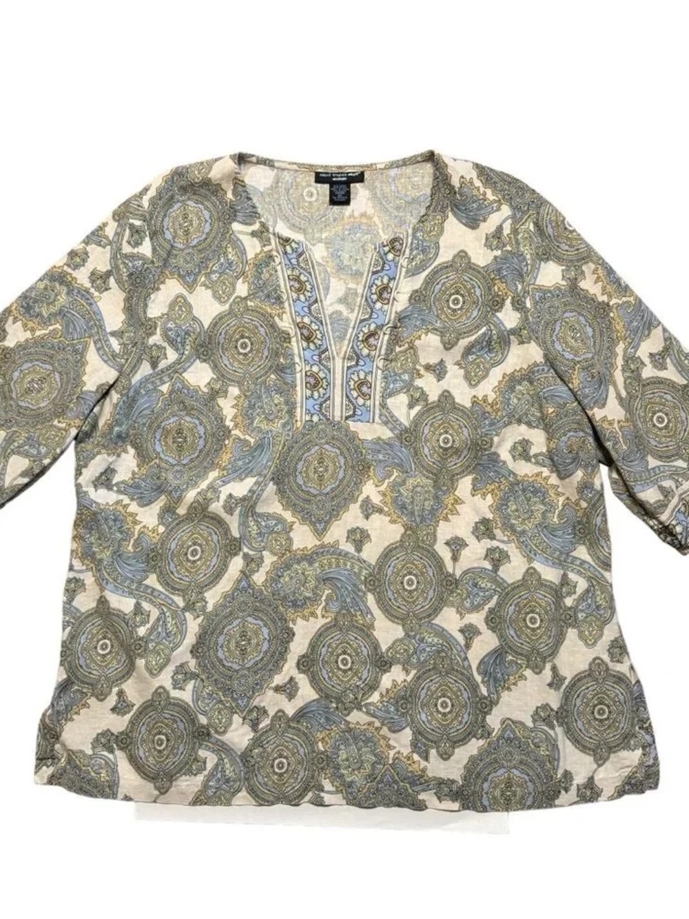 croft & barrow Cream Paisley Tunic with Blue and Olive Embroidery